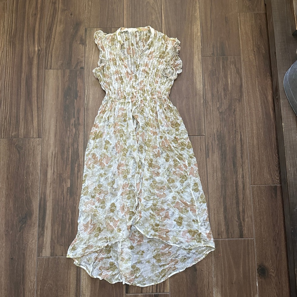 Free People Floral High-Low Ruffle Dress Small Tan Green Boho Semi-Sheer